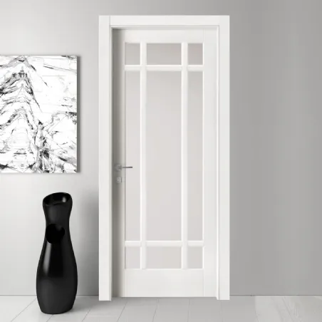 Door with glass lacquered wooden swing