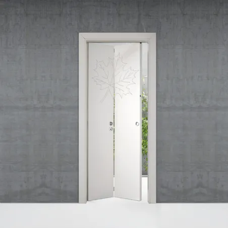 Hinged door in decorated wood