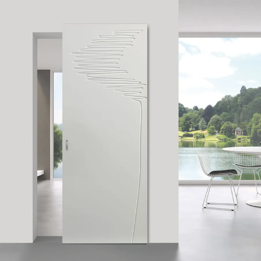 Sliding door in decorated wood