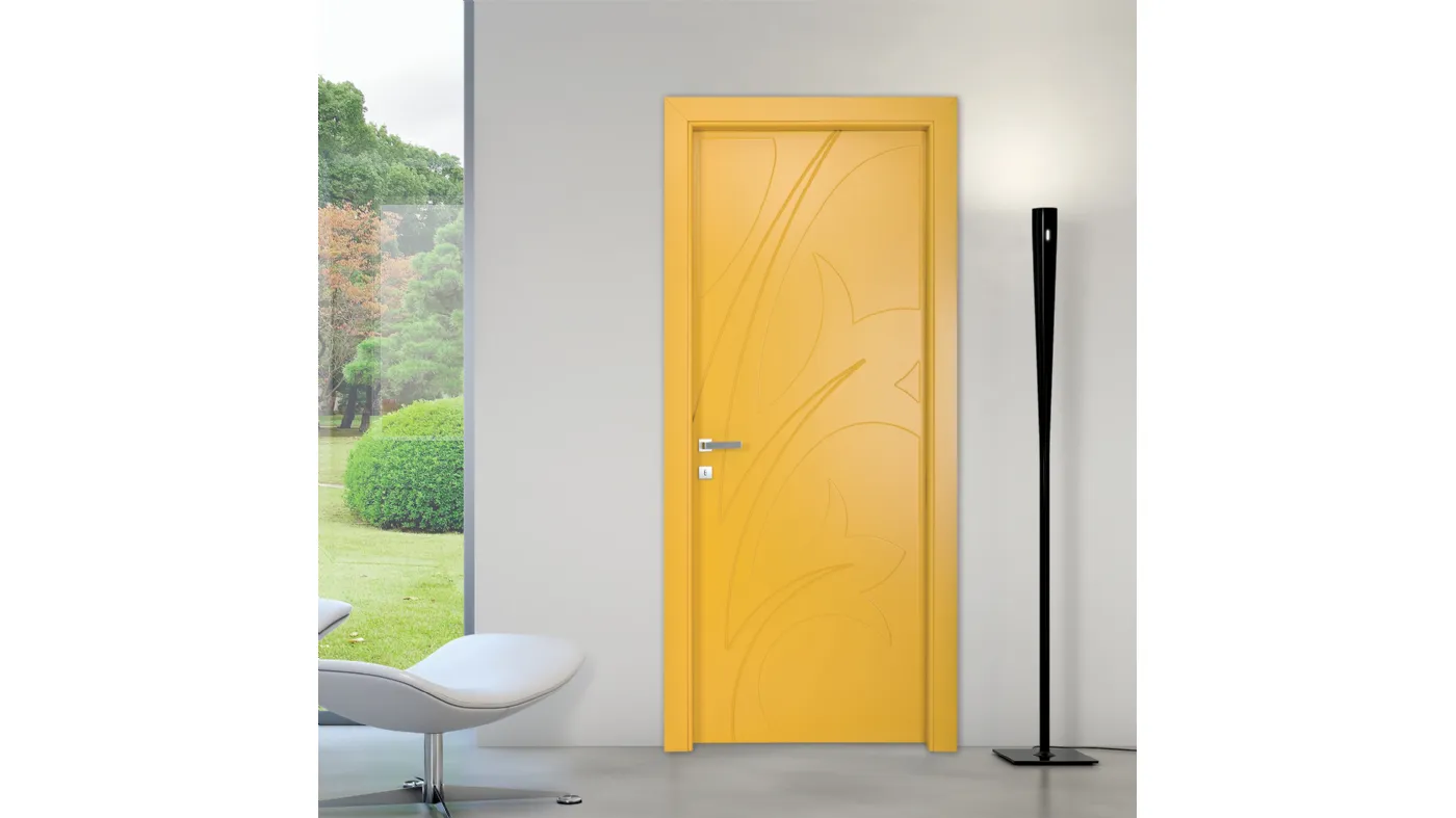 Hinged door in decorated wood