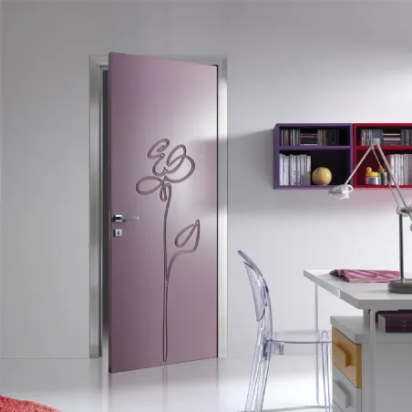Hinged door in decorated wood