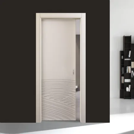 Retractable door in decorated wood