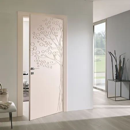 Hinged door in decorated wood